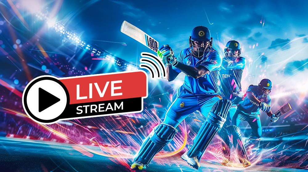 Three cricket players in blue uniforms batting under stadium lights during live stream